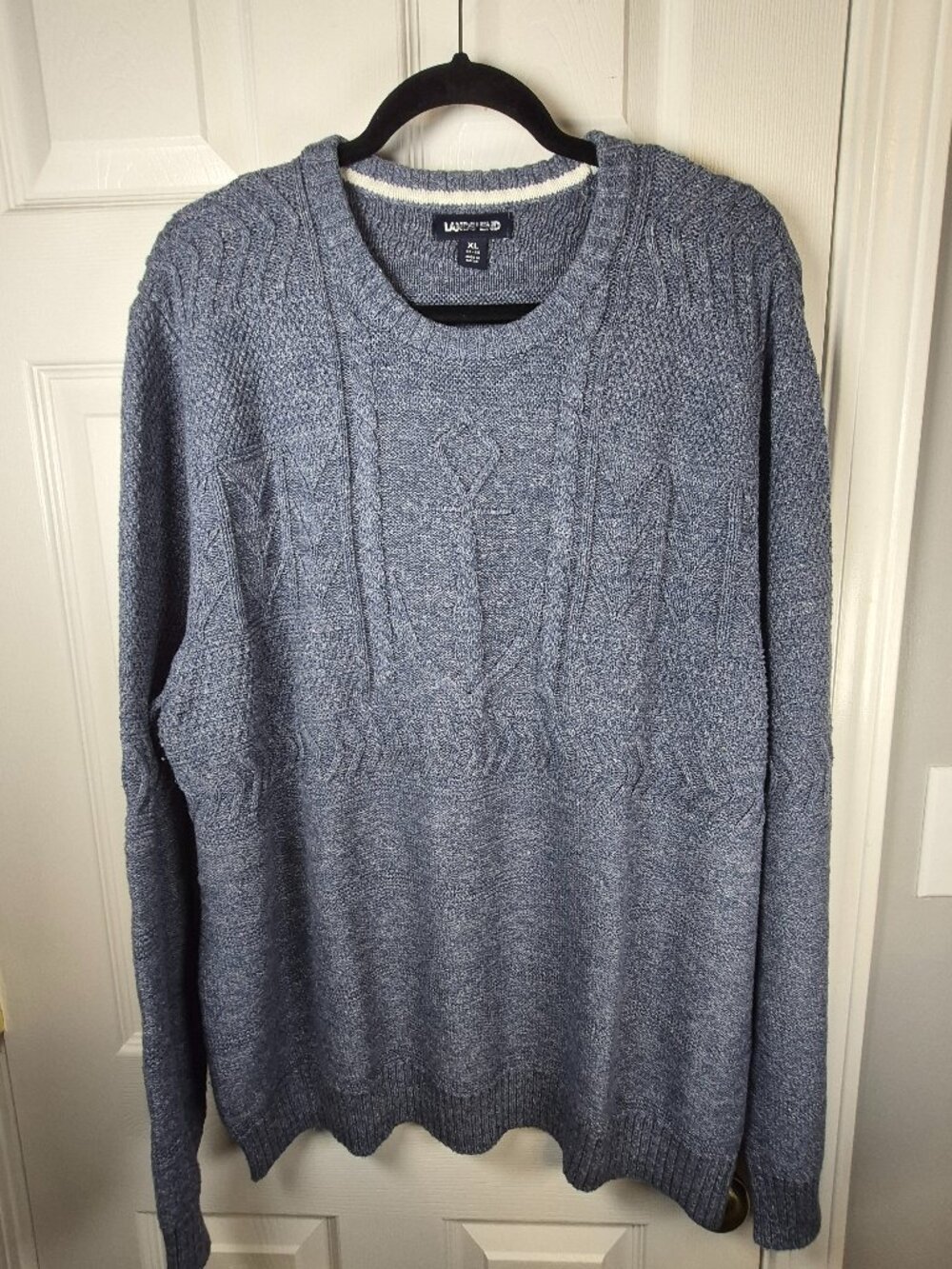 Lands End Drifter Sweater Men XL Heavy Cotton Chunky Knit Blue Fisherman Outdoor